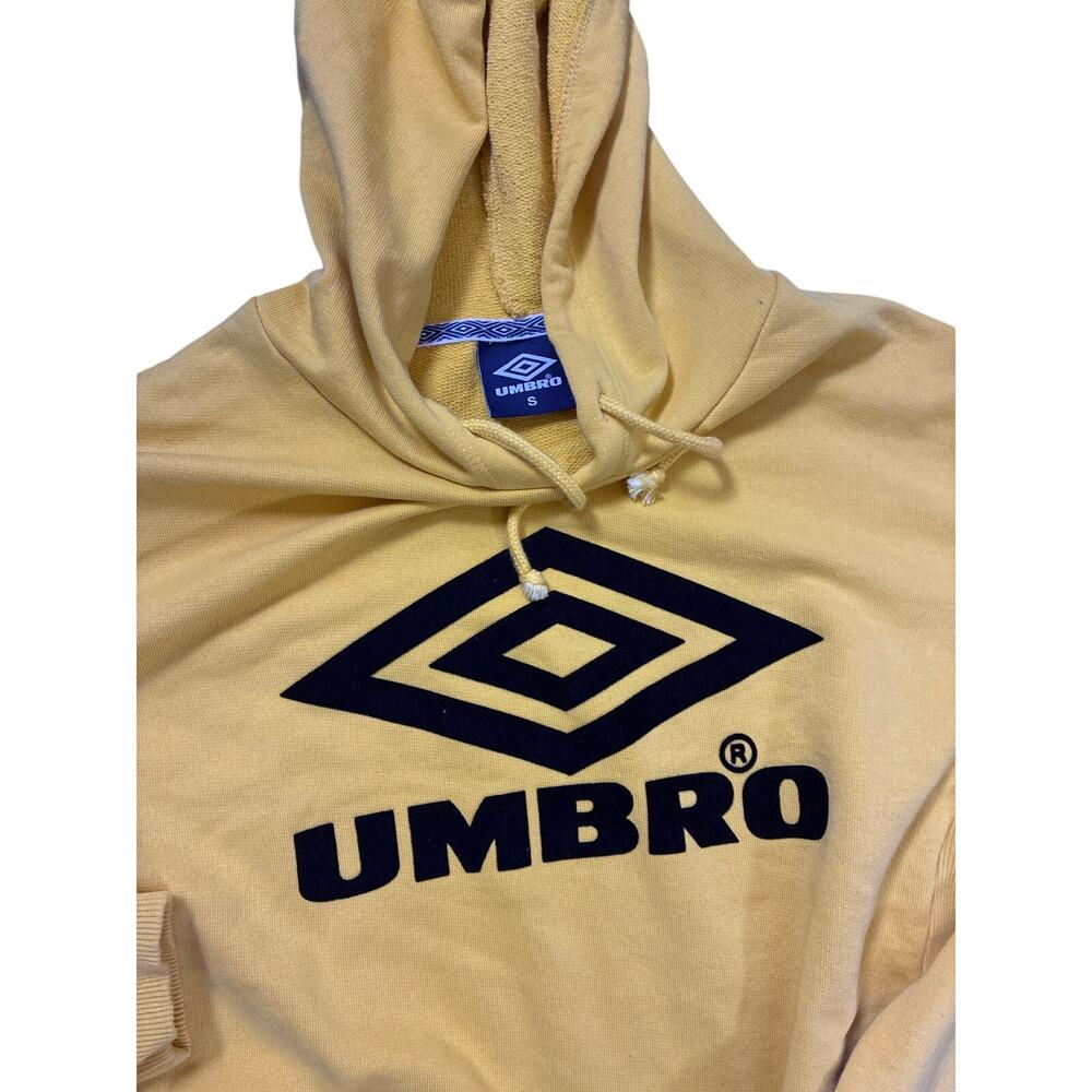 Vintage 90s Umbro Women’s Small Cropped Yellow Hoodie Striped Sleeves Y2K - Picture 3 of 4